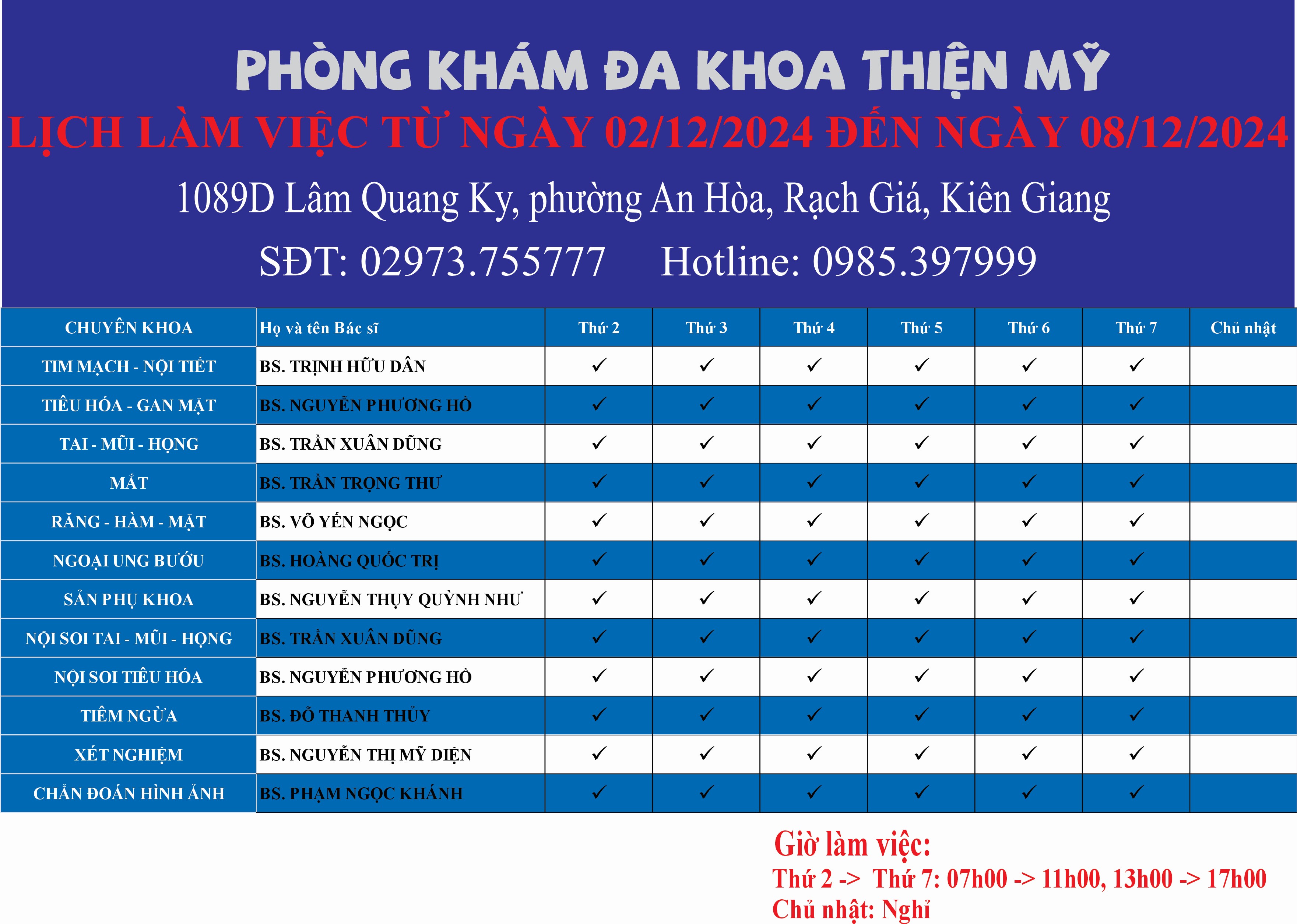 LỊCH LÀM VIỆC TỪ NGÀY 02/12/2024 ĐẾN 08/12/2024